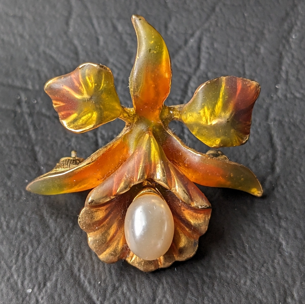 Joan Rivers Yellow Orange Orchid Gold Tone Brooch Faux Pearl